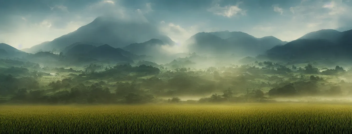 Prompt: Photo of paddy field of Baling with several village and rolling mountain at the background, wide angle, volumetric light, fog, mist, morning, hyperdetailed, light water, artstation, cgsociety, 8k