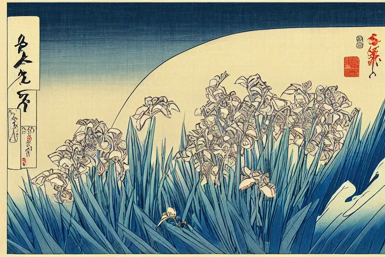 Image similar to a masterful ukiyo - e print of beautiful irises by katsushika hokusai and utagawa hiroshige, masterpiece, hyperdetailed!!, intricate!!, complex!!, 4 k