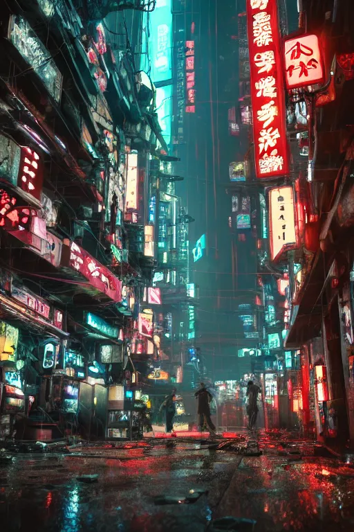 Image similar to cinematic photo of ancient overgrown cyberpunk tokyo with robot, night, rain, flowers, beautifully lit, hyperdetailed, unreal engine, photorealistic, denis villeneuve film look, blade runner set