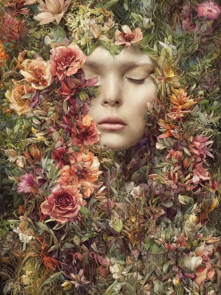 Image similar to a chaotic whirlwind of exotic forest flowers and leaves, intricate details, aesthetically pleasing and harmonious natural colors, art by marco mazzoni, impressionism, detailed, dark, spring, flowers