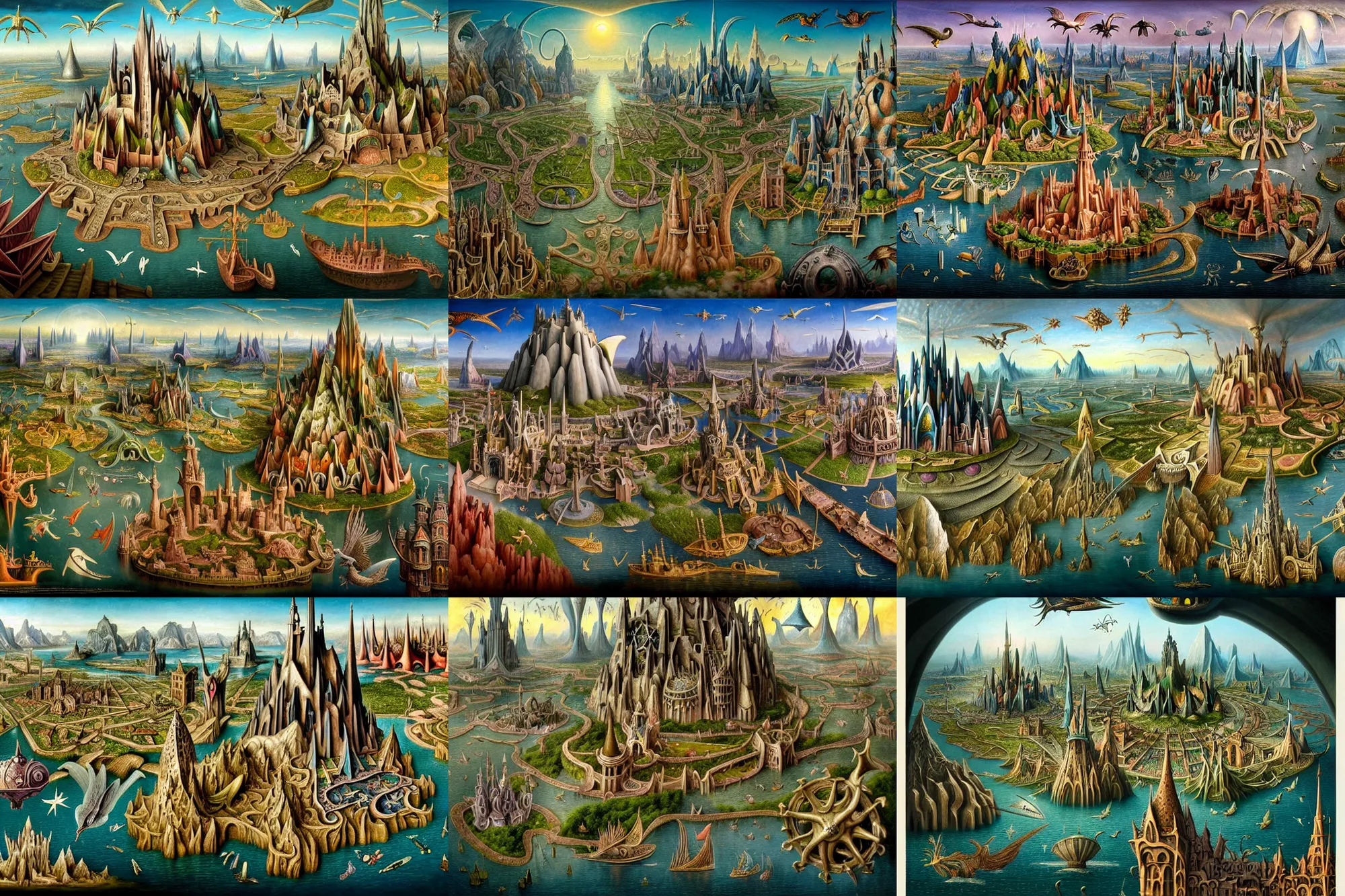 Prompt: a beautiful and insanely detailed matte painting of a magical mythical medieval sprawling city with surreal metal architecture and mythical flying creatures designed by Heironymous Bosch, mega structures inspired by Heironymous Bosch's Garden of Earthly Delights, ships in the harbor, by Jim Burns, rich pastel color palette, masterpiece!!, grand!, imaginative!!!, whimsical!!, intricate details, sense of awe, fantasy realism, surreal landscape, complex layered composition!!