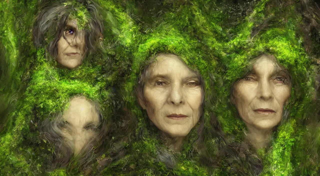 Prompt: Portrait of one single moss-covered 65 year-old Gaia goddess merging with a river, highly-detailed, elegant, dramatic lighting, artstation, 4k