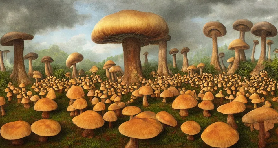 Prompt: A tribal village in a forest of giant mushrooms, by André François