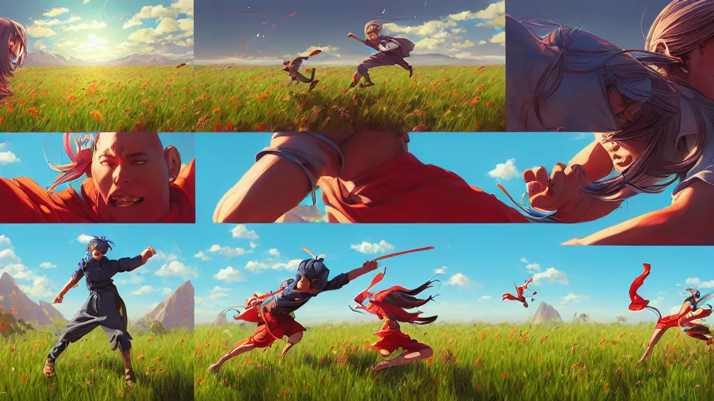 Prompt: highly detailed comic spread combination of art styles depicting an impactful action scene on open meadow clear sky with expert design fictional characters, bright colors, high color saturation, dynamic art by sakimi, moebius, makoto shinkai, murata, james jean, craig mullins, digital painting, masterpiece, best selling, pixiv, volumetric lighting, realistic shaded lighting