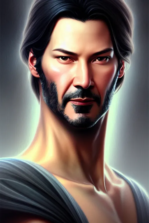 Image similar to Portrait of Keanu, D&D, face, fantasy, intricate, elegant, highly detailed, digital painting, artstation, concept art, smooth, sharp focus, illustration, art by artgerm and greg rutkowski and alphonse mucha