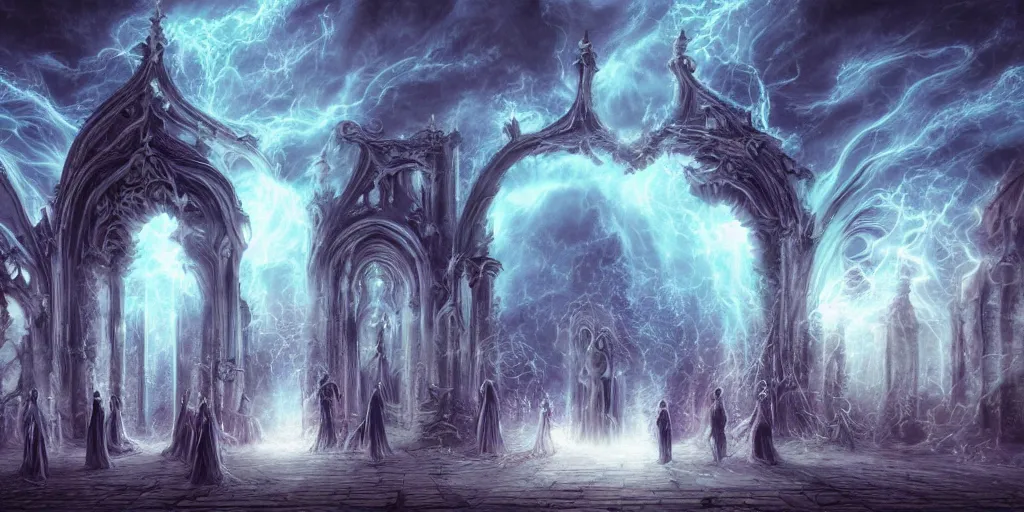 Prompt: [ palate ] [ nebulous energy ] [ muted colors ] soul spirits congregating in front of an intricate giant gothic gateway in purgatory, paisley synapse cloud pattern, god at the gate, vibrant neon nebulous clouds, symmetrical details, hyper realistic illustration, radiant light rays, photorealistic illustration, intricate and fine details, volumetric lighting, artstation