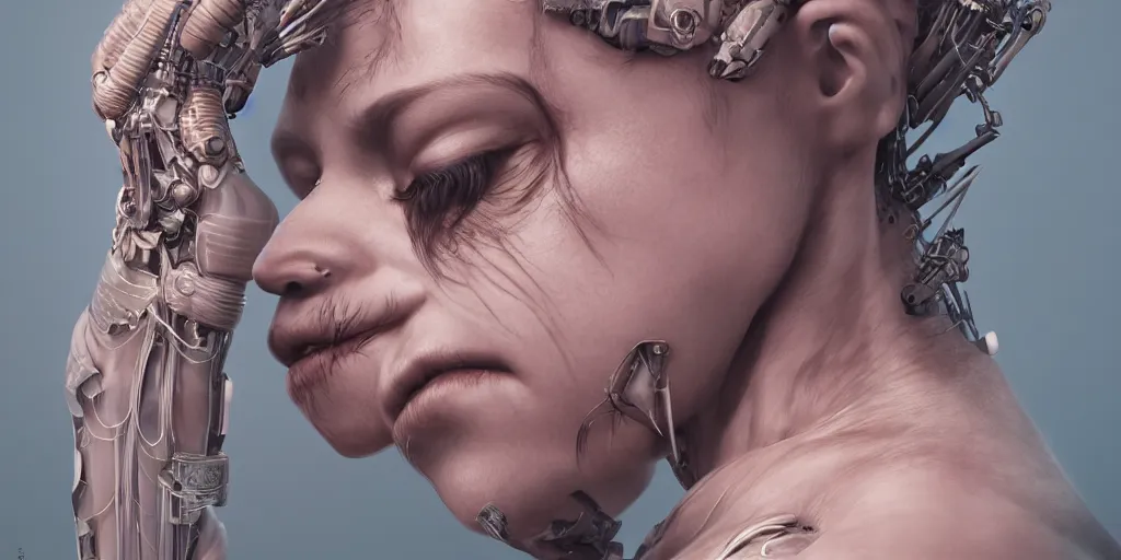 Image similar to hyper realistic photography of a stunningly beautiful cyborg female, elbow, intimate, holding close, in the style of beth cavener, jin kagetsu, wlop, highly detailed, intricate filigree, symmetry, masterpiece,, concept art, highkey lighting, ambient lighting, octane render, 8 k, artstation