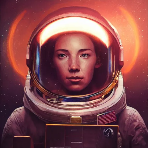 Prompt: female astronaut portrait, atmospheric lighting, painted, intricate, volumetric lighting, beautiful, rich deep colors masterpiece, golden hour, sharp focus, ultra detailed, by leesha hannigan, ross tran, thierry doizon, kai carpenter, ignacio fernandez rios