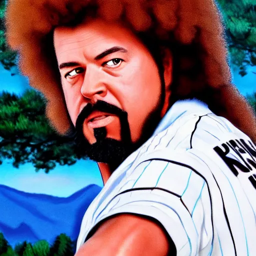 Image similar to a closeup photorealistic photograph of bob ross style kenny powers playing baseball, painting on a canvas. mountains and trees. film still. brightly lit scene. this 4 k hd image is trending on artstation, featured on behance, well - rendered, extra crisp, features intricate detail, epic composition and the style of unreal engine.