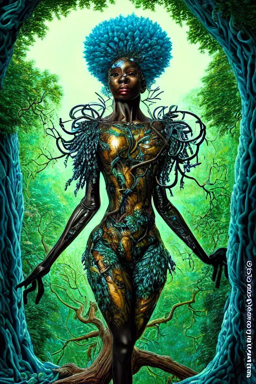 Image similar to hyperrealistic post - rococo super beautiful! black woman with exoskeleton armor, merging with tree in a forest, highly detailed digital art masterpiece smooth cam de leon hannah yata dramatic pearlescent blue teal light ground angle hd 8 k sharp focus