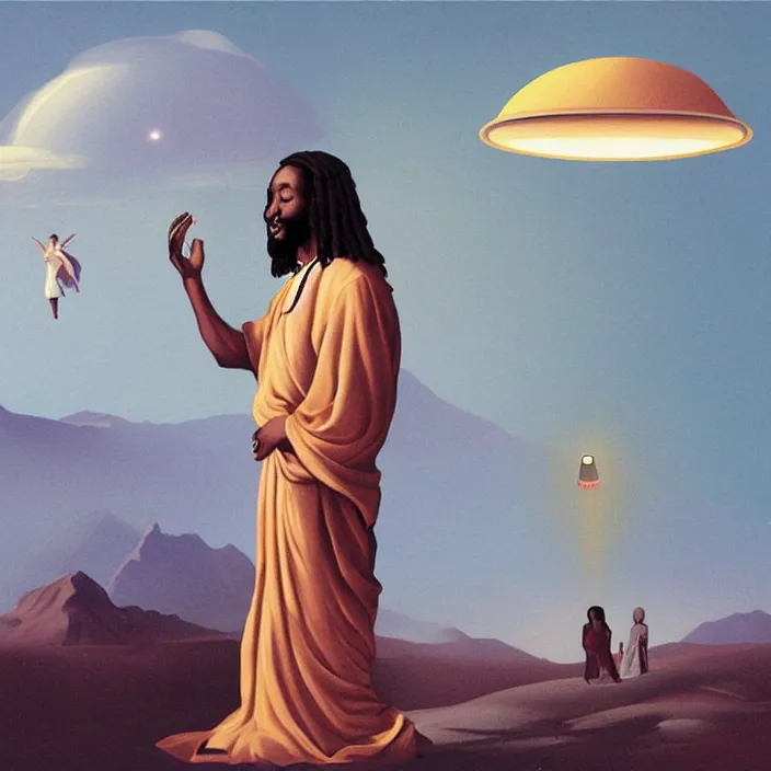 Image similar to UFO hovering over an African Jesus ,painting by Hsiao-Ron Cheng,