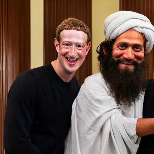 Image similar to 4 k portrait sony a 7 f 2. 8 of mark zuckerberg as a taliban leader hugging us president joe biden as a taliban leader