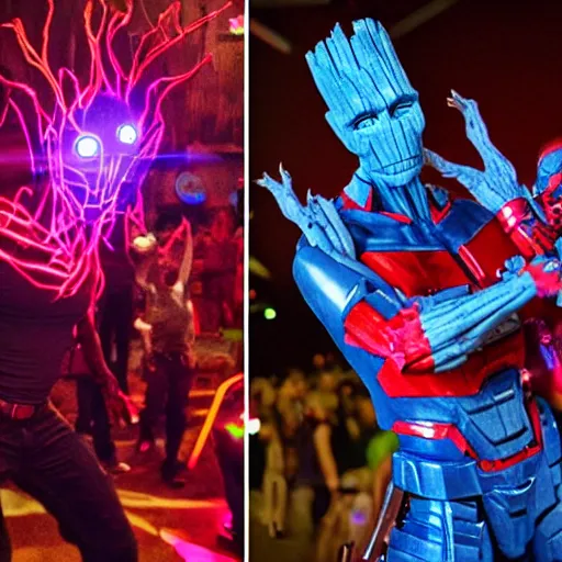 Image similar to groot and optimus prime dancing at techno party among people, wide shoot, after effect, ultra realistic