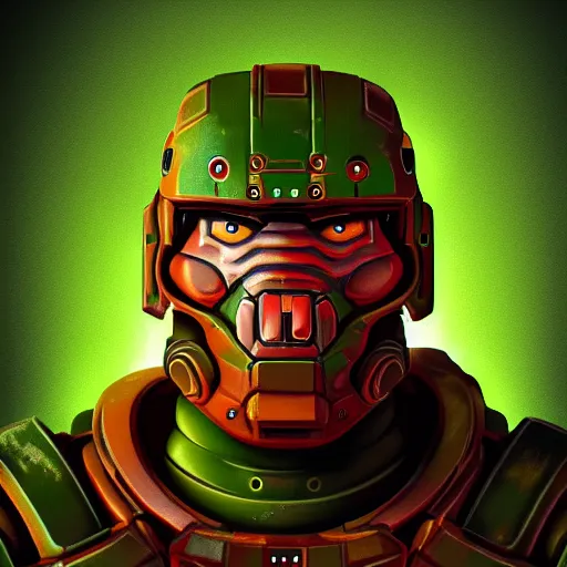 Image similar to portrait of doomguy from game doom, highly detailed, 8 k render centered, digital painting