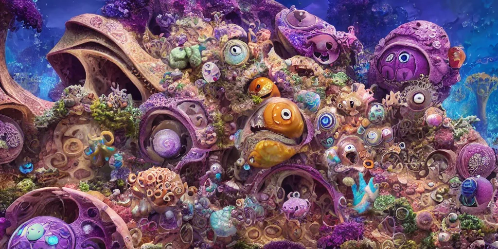 Image similar to of an intricate sea reef with strange cute friendly happy creatures with huge eyes, mouth, long tongue, round teeth and goofy face, appearing from the background, in the style of gehry and gaudi, macro lens, shallow depth of field, ultra detailed, digital painting, trending artstation, concept art, illustration, cinematic lighting, photorealism, epic, octane render