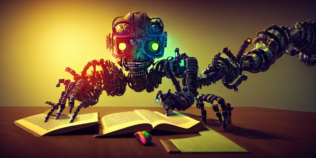 Image similar to A frightening multi armed evil robot devouring books with pipes and tubes and pages floating down, hyperealistic very colourful hdr cinematic lighting cgi render photorealistic cinematic octane render