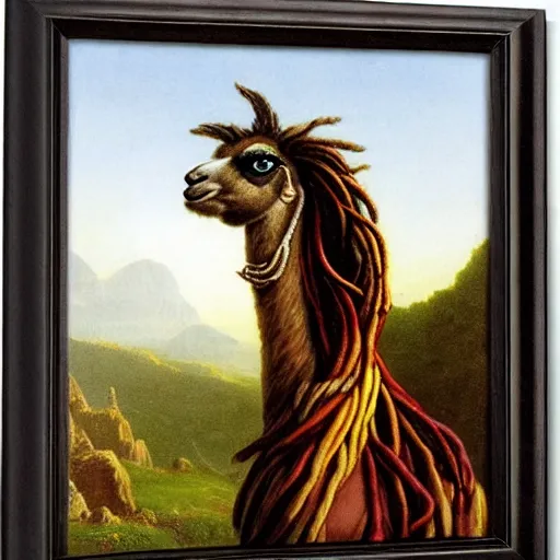 Prompt: llama with dreadlocks, heroic pose, by Thomas Cole