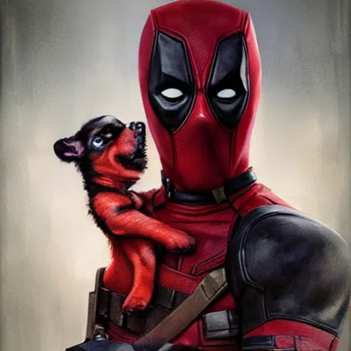 Prompt: deadpool holding a puppy,digital art,realistic,detailed,art by greg rutkowski,cinematic,dramatic