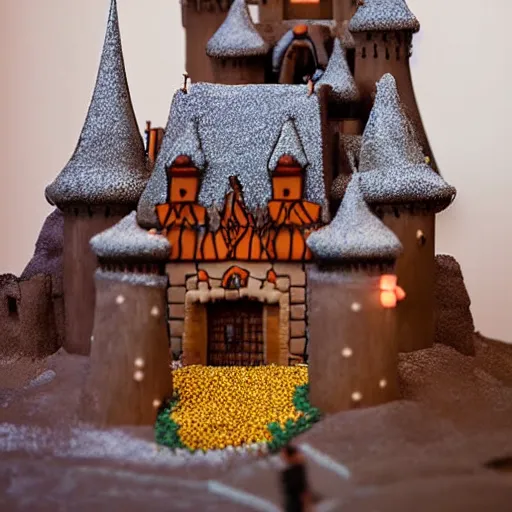 Image similar to people walking into the castle by walt disney buit made from gingerbread and stuff, live action digital art