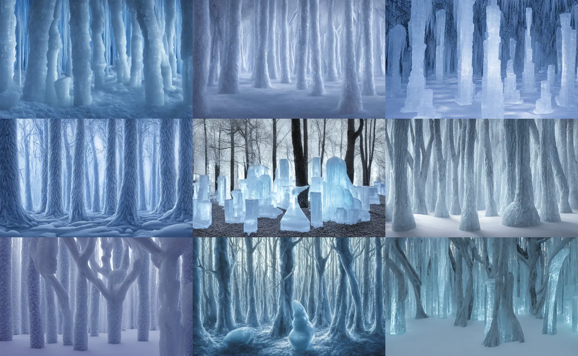 Prompt: ice sculpture tree forest, cold ambient light, artwork by gerald brom, 4 k, masterpiece