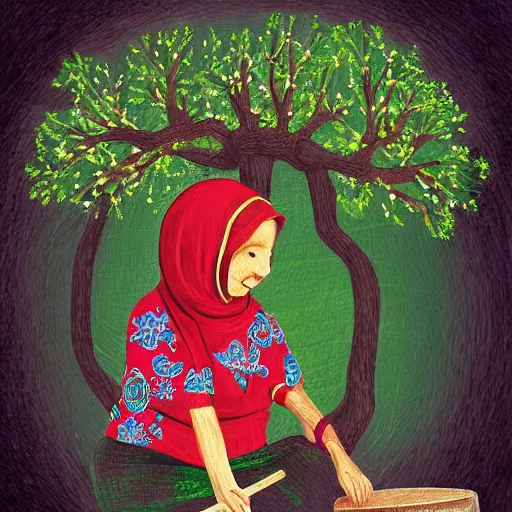Prompt: a babushka playing drums, branches from trees hang over her head, digital art