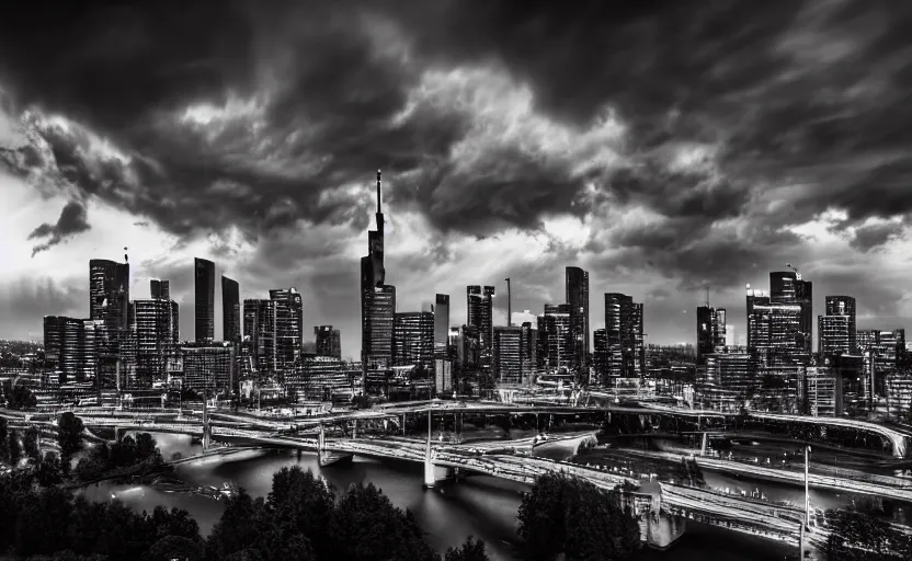 Image similar to a dramatic frankfurt skyline photo by ryan dyar, highly detailed, 8 k