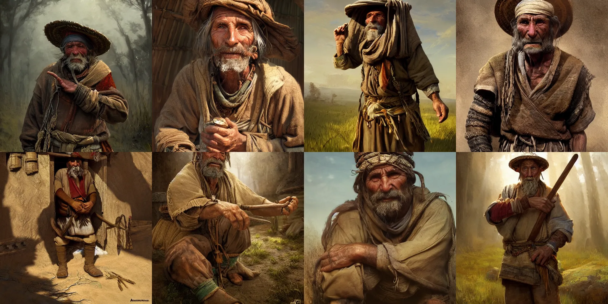 Prompt: an old, playful shaman like peasant man, inspired by sits in a peasant hut. high detail, photorealistic, cinematic lighting, brown tones, atmospheric, fantasy concept art by Artur Mósca, Craig Wylie, Daniel Gerhartz