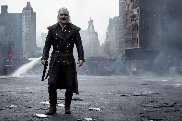 Prompt: vfx movie closeup modern suave handsome grinning vampire with long white hair, trench coat, dual wielding large revolvers, leaping into the air, low gravity in a shattered reality of new york city, cool aviators witcher show and game of thrones in new york by emmanuel lubezki