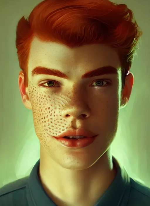 Image similar to portrait of archie andrews, freckles, curly middle part haircut, intricate, elegant, glowing lights, highly detailed, digital painting, artstation, concept art, smooth, sharp focus, illustration, art by wlop, mars ravelo and greg rutkowski