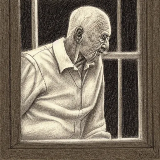 Prompt: pencil drawing of an old man in a nursing home looking out the window and remembering his youth, artistic illustration, stylized, detailed