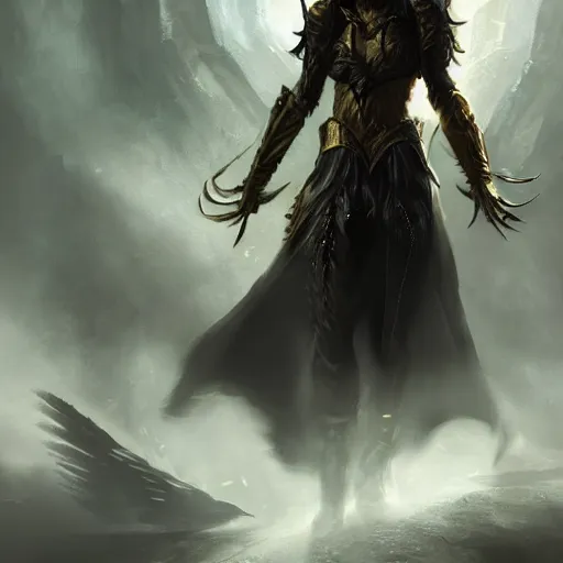 Prompt: magic the gathering character art by bastien lecouffe deharme of a eldritch warrior female wearing black armor with gold lining and a cloak made out of billowing shadows and black feathers, 8 k dop dof