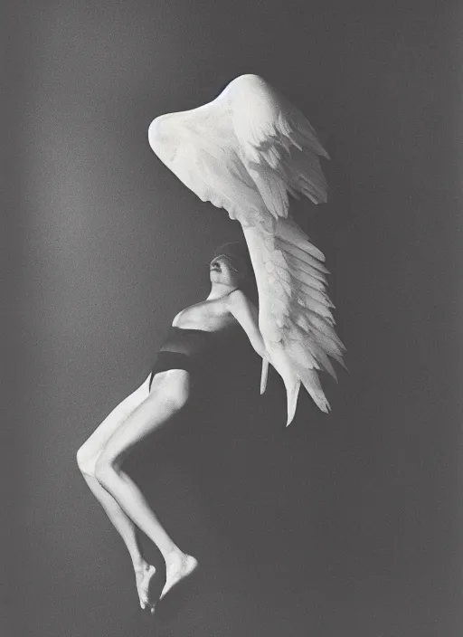 Prompt: helmut newton photograph of a man with the moon for a face, swan wings, a tree body, 3 5 mm, studio lighting