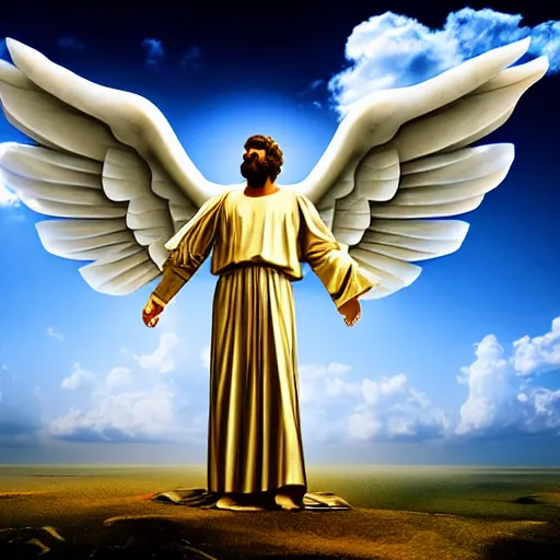 Image similar to gigantic biblical depiction of an angel towering over a vast landscape, cinematic, realistic, geometric white marble body, photorealistic, detailed, gold sky, global illumination, volumetric lighting, god rays, beautiful composition, majestic clouds, soft colors, heavenly lighting