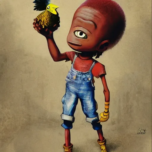 Image similar to an african boy holding a chicken from the movie tank girl, afrofuturism, by jamie hewlett and sawoozer and roger ballen,