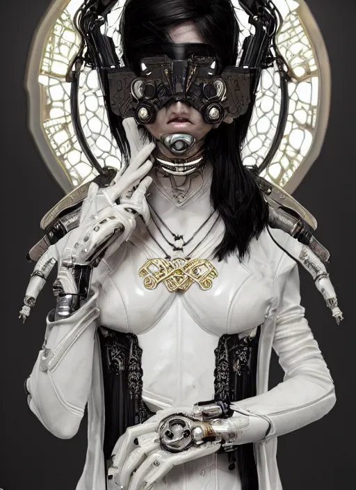 Prompt: a cyborg with mask, black leather garment with art nouveau ivory accessories, white intricate lace and jewels, ominous, ethereal, misty, diffused lighting, cyberpunk, darksynth, luxury, concept art by zeen chin, extremely detailed, artstation, alphonse mucha, ruan jia, 8 k, unreal engine 5