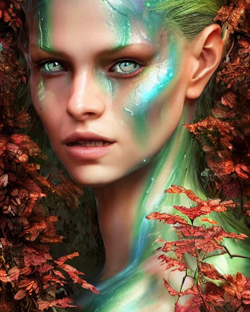 Image similar to portrait high definition photograph female fantasy character art, hyper realistic, pretty face, hyperrealism, iridescence water elemental, snake skin armor forest dryad, woody foliage, 8 k dop dof hdr fantasy character art, by aleski briclot and alexander'hollllow'fedosav and laura zalenga