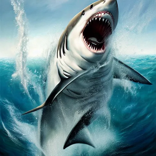 Prompt: a dream fantasy painting of white shark attacks a man, in the deep, by antonio j. manzanedo, trending on artstation, deviantart, photorealism