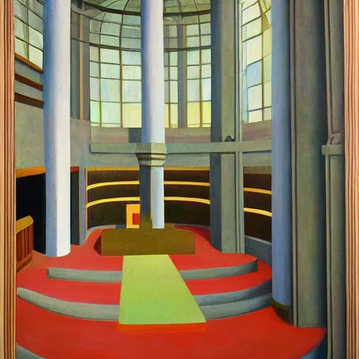 Image similar to fantastical biomorphic atrium, grant wood, pj crook, edward hopper, oil on canvas