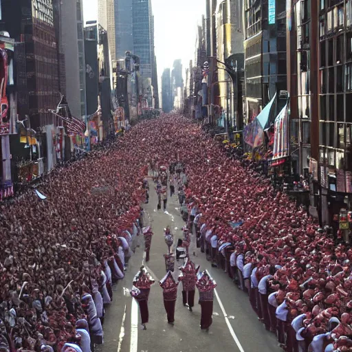 Prompt: a parade in new york city, everyone is dressed as Pigsy from Manhunt, 4k