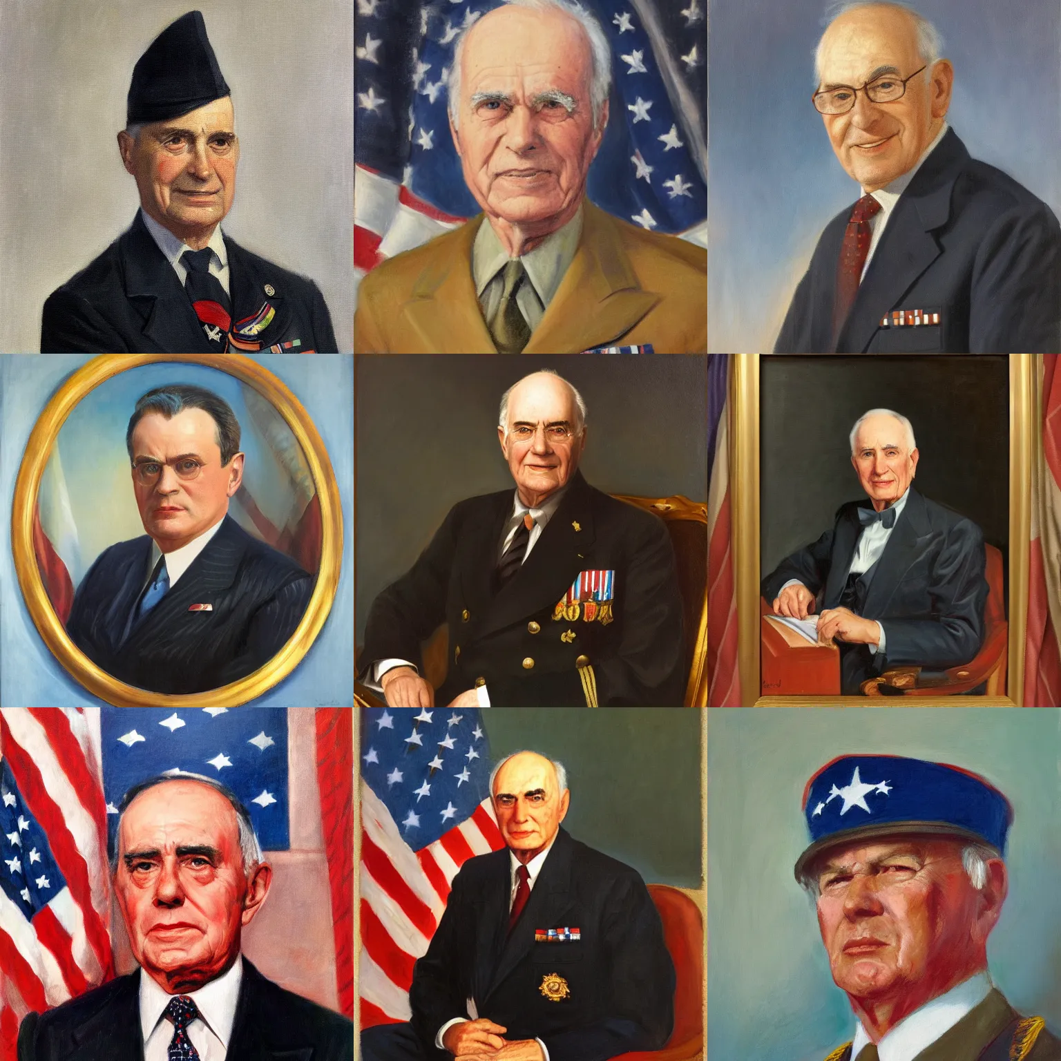 Prompt: Official Portrait of United States President Ivan Ilyavic, 1944 by John Howard Sanden and Herbert E. Abrams, oil on canvas trending on artstation