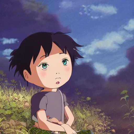 Image similar to friendly kid and small creature, character portrait face made in Studio Ghibli artstyle ,highly detailed art, beautiful scene, sharp focus, smooth, 8k, anime art, fantasy, style in ghibli anime, smooth, sharp focus