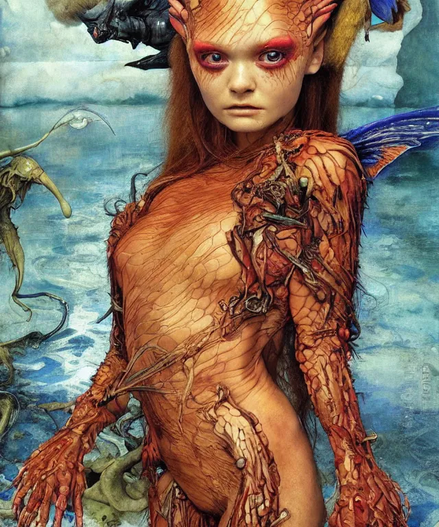 Image similar to a portrait photograph of a harpy olympic swimmer with slimy skin being transformed into a beautiful alien. she looks like sadie sink and is wearing a colorful infected sleek organic catsuit. by donato giancola, hans holbein, walton ford, gaston bussiere, peter mohrbacher and brian froud. 8 k, cgsociety, fashion editorial