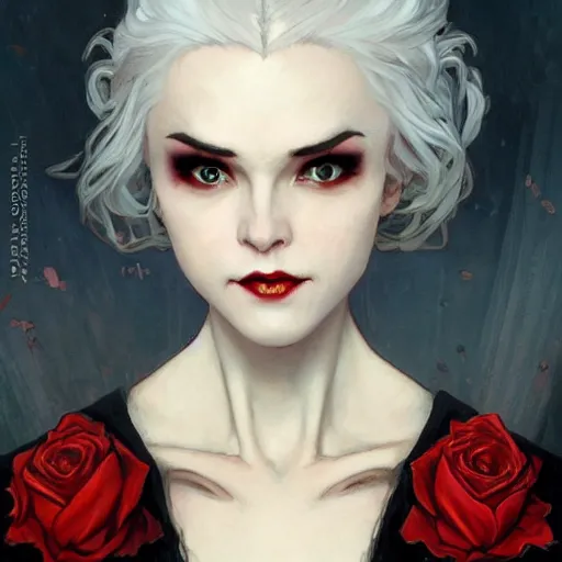 Image similar to portrait of a menacing beautiful vampire, top half of body, by Stanley Artgerm Lau , greg rutkowski, thomas kindkade, alphonse mucha, loish, norman rockwell, J. C. Leyendecker. bright white hair, pale skin, angry complexion, beautiful detailed eyes, black rose frame. D&D, fantasy. Trending on artstation rule of thirds extremely detailed old illustration hd 4k