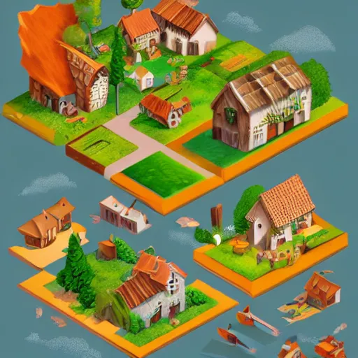 Prompt: an isometric picture of a cute little village, anthropomorphism, nature colors, trending on artstation