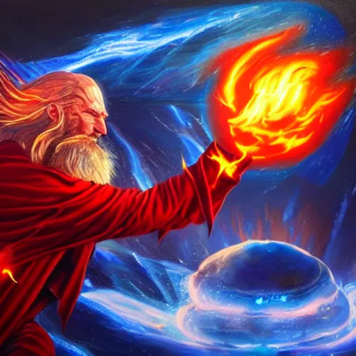 Image similar to Highly detailed oil painting, concept art, of a wizard casting a fireball spell, fighting against a huge ice giant, red and blue color scheme, concept art, highly detailed.