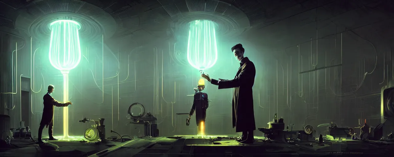 Image similar to duotone dark futuristic illustration 3 / 4 portrait of nicola tesla conducting experiments in wardenclyffe tower. cinematic science fiction lighting. golden ratio accidental renaissance. by sachin teng and sergey kolesov and ruan jia and heng z. graffiti art, scifi, fantasy, hyper detailed. octane render. concept art. trending on artstation