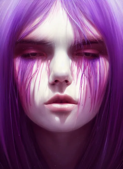 Image similar to hair whitebangs hair, black hair, whitebangs, portrait of teenage girl with white bangs, red irises, purple clothes, white bangs, bangs are different color from hair, intricate, elegant, glowing lights, highly detailed, digital painting, artstation, concept art, smooth, sharp focus, illustration, art by wlop, mars ravelo and greg rutkowski