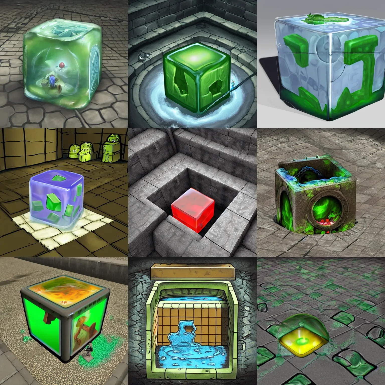 Prompt: gelatinous cube in a sewer system photorealistic fantasy