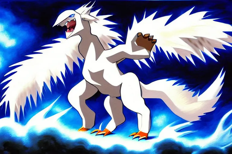 Prompt: a dramatic and detailed oil painting of absol from pokemon and a natural disaster. color manga by wayne reynolds and ken sugimori | absol has white fur, spurs, a sheep's face, each of it's four limbs ends in large paws with three clawed talons, the floof of a white silkie chicken shaped like a sleek edgy wolf