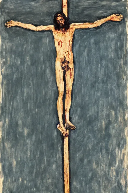 Prompt: bloody jesus christ crucified painted by cy twombly and alex katz